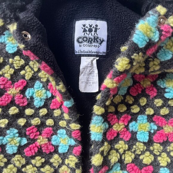 Vintage Baby Blue, Green, Pink and Black High Pile Flowers Fleece Hooded Coat - Picture 6 of 6